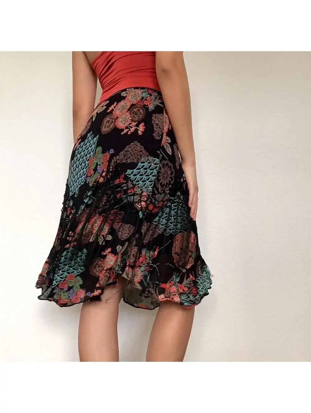 Y2K Lola P. black floral beaded fringe midi skirt